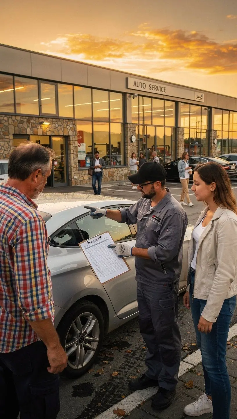 Technik vysvetľuje zákazníkovi možnosti opravy a údržby vozidla v autoservise.