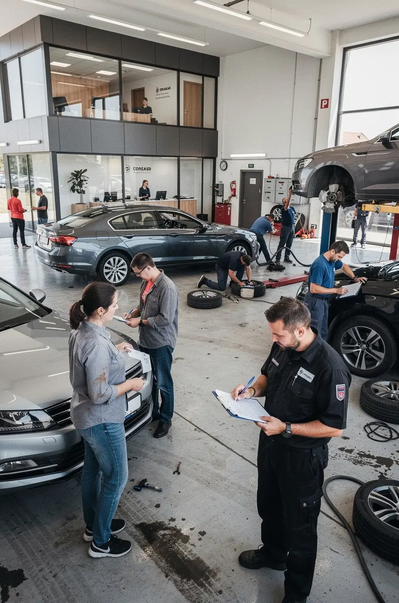 Technici menia náhradné diely vo vysokokvalitnom autoservise s profesionálnym vybavením.